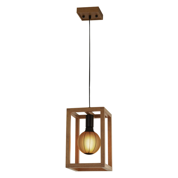 Searchlight 54741-1NA Square Pendant Natural Wood Black Metal