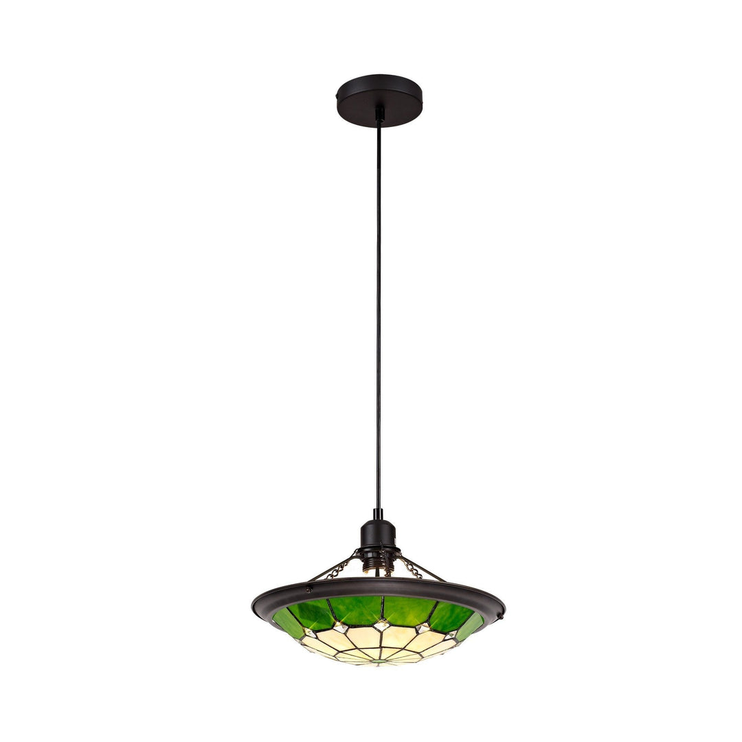 Nelson Lighting NLK00079 Archie 1 Light Pendant With 35cm Tiffany Shade Chrome/Green/Brass Trim/Black