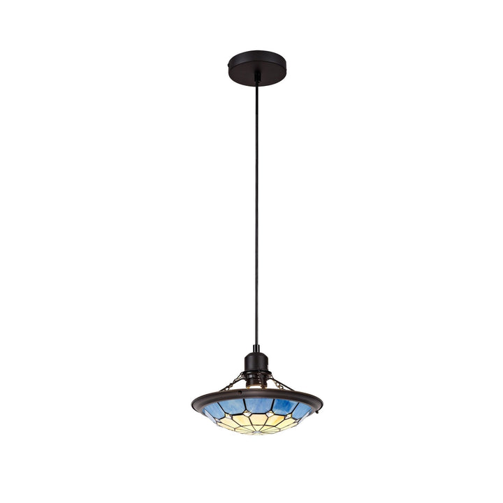 Nelson Lighting NLK00089 Archie 1 Light Pendant With 35cm Tiffany Shade Chrome/Rich Blue/Brass Trim/Black