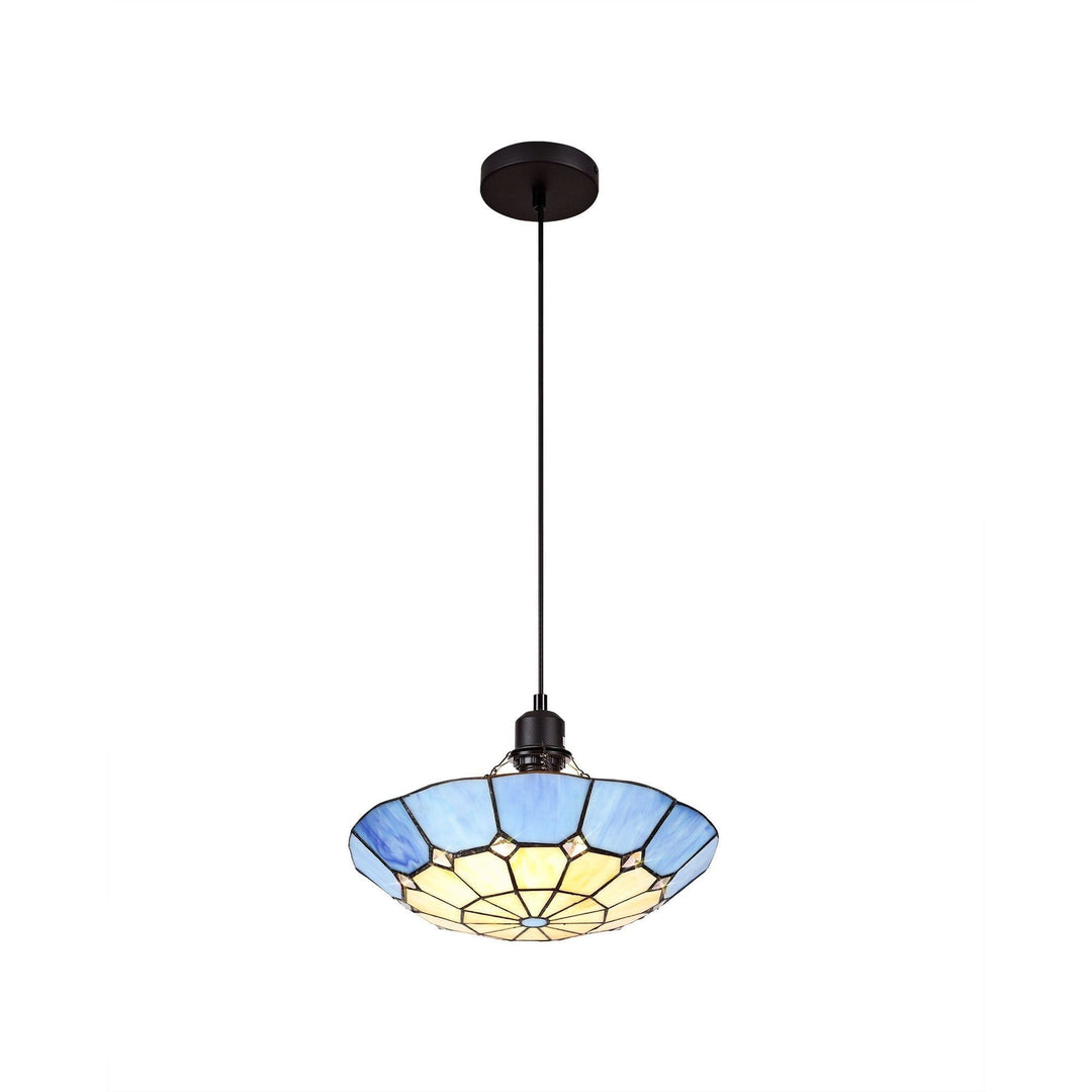 Nelson Lighting NLK00089 Archie 1 Light Pendant With 35cm Tiffany Shade Chrome/Rich Blue/Brass Trim/Black