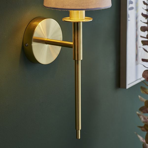 Endon 92955 1 Light Wall Light Satin Brass Plate & Vintage White Fabric Shade