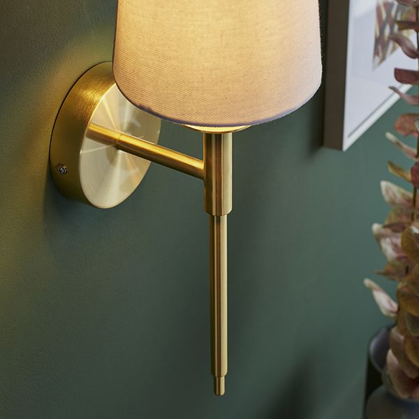 Endon 92955 1 Light Wall Light Satin Brass Plate & Vintage White Fabric Shade