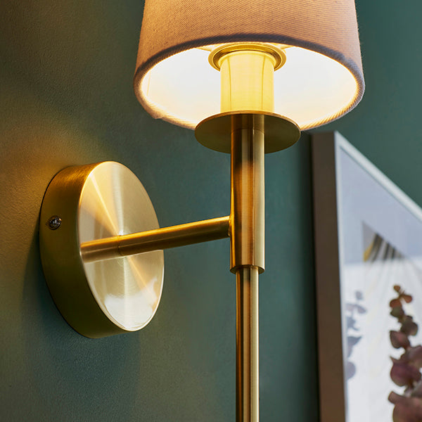 Endon 92955 1 Light Wall Light Satin Brass Plate & Vintage White Fabric Shade