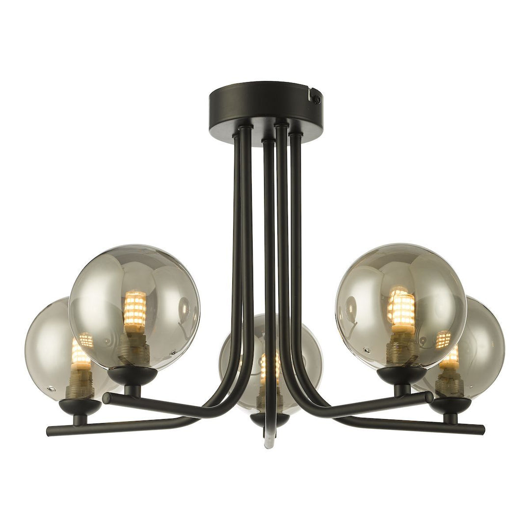 Dar CRA5422-01 Cradle 5 Light Semi Flush Matt Black Smoked Glass