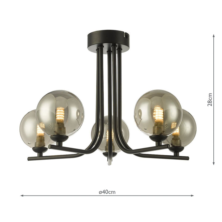 Dar CRA5422-01 Cradle 5 Light Semi Flush Matt Black Smoked Glass