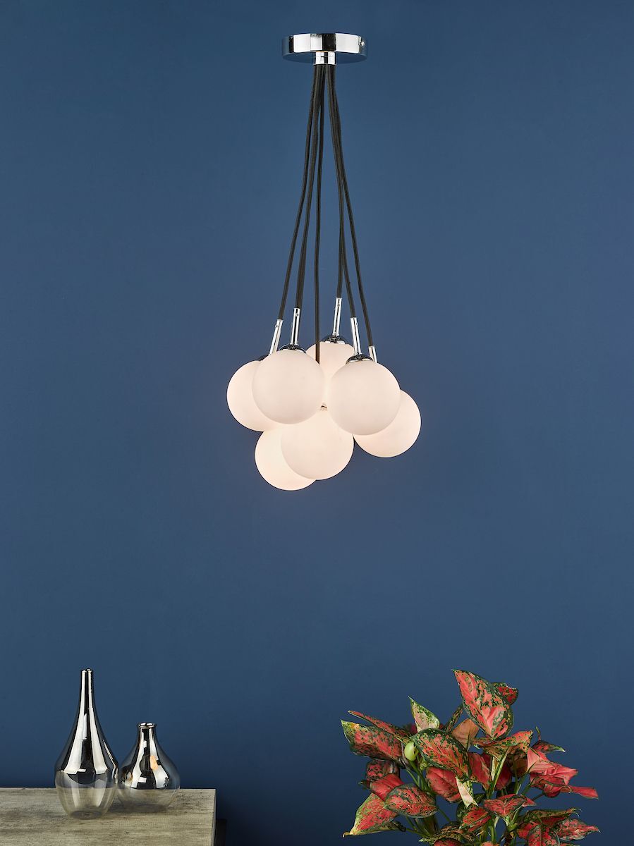 Dar ELP342-02 | Elpis | 7 Light Cluster Pendant | Polished Chrome | Opal Glass