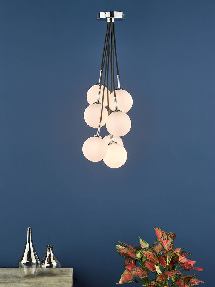 Dar ELP342-02 | Elpis | 7 Light Cluster Pendant | Polished Chrome | Opal Glass