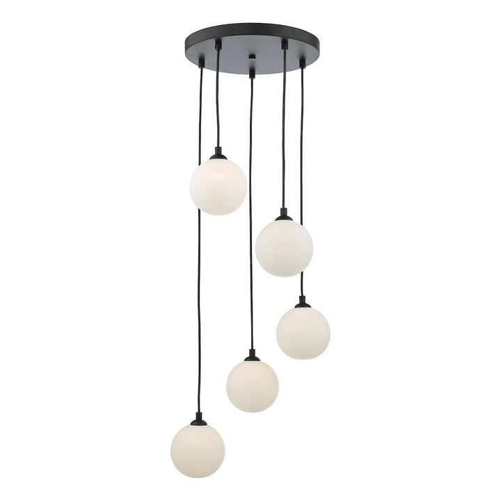 Dar FED0522-02 | Federico | 5-Light Cluster Pendant | Satin Black and Opal Glass