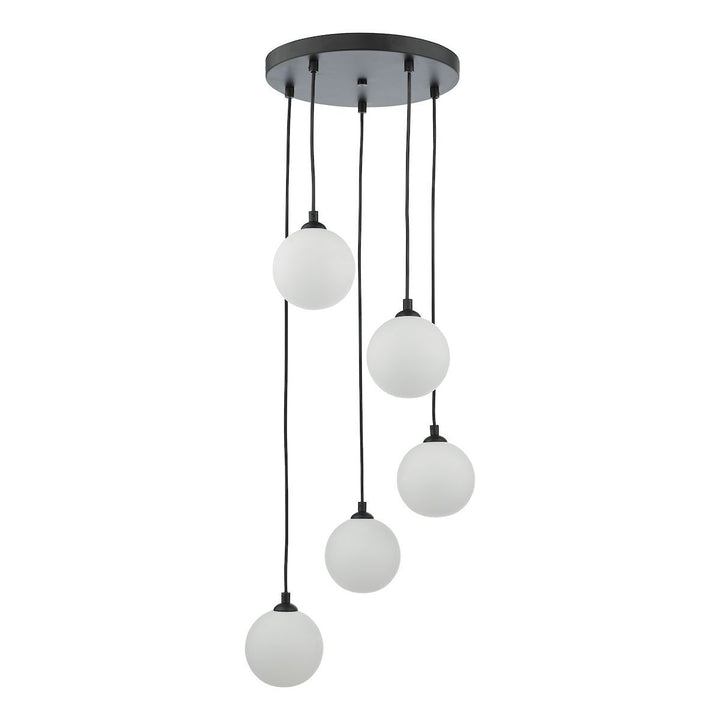 Dar FED0522-02 | Federico | 5-Light Cluster Pendant | Satin Black and Opal Glass