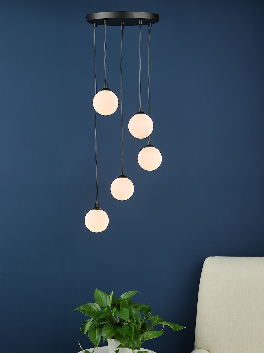 Dar FED0522-02 | Federico | 5-Light Cluster Pendant | Satin Black and Opal Glass