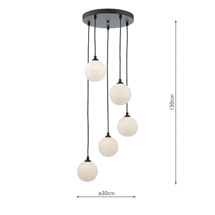 Dar FED0522-02 | Federico | 5-Light Cluster Pendant | Satin Black and Opal Glass