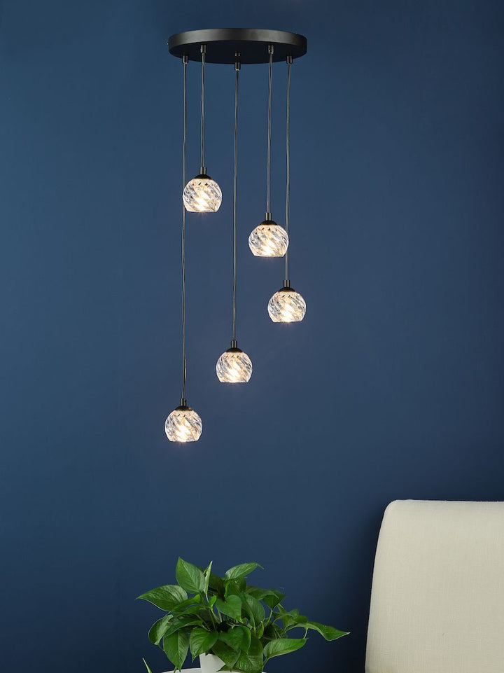 Dar FED0522-02 | Federico | 5-Light Cluster Pendant | Satin Black and Opal Glass