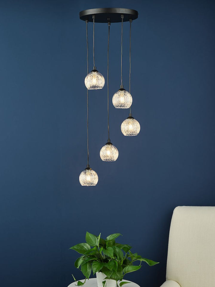 Dar FED0522-09 Federico 5 Light Cluster Pendant Black Clear/Wire Glass