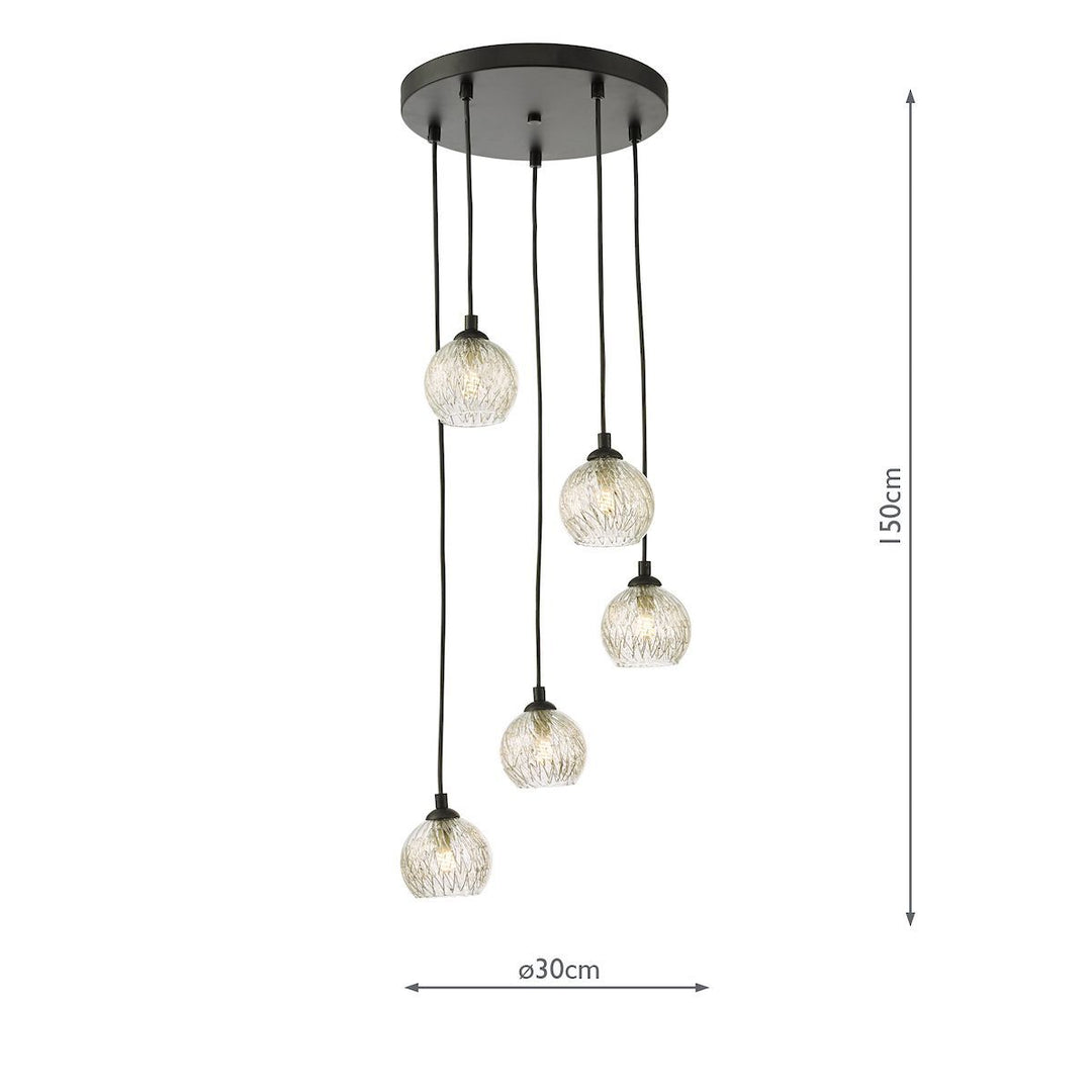 Dar FED0522-09 Federico 5 Light Cluster Pendant Black Clear/Wire Glass