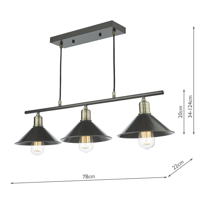 Dar JAL0361 | Jalen 3 Light Bar Pendant | Graphite and Antique Brass