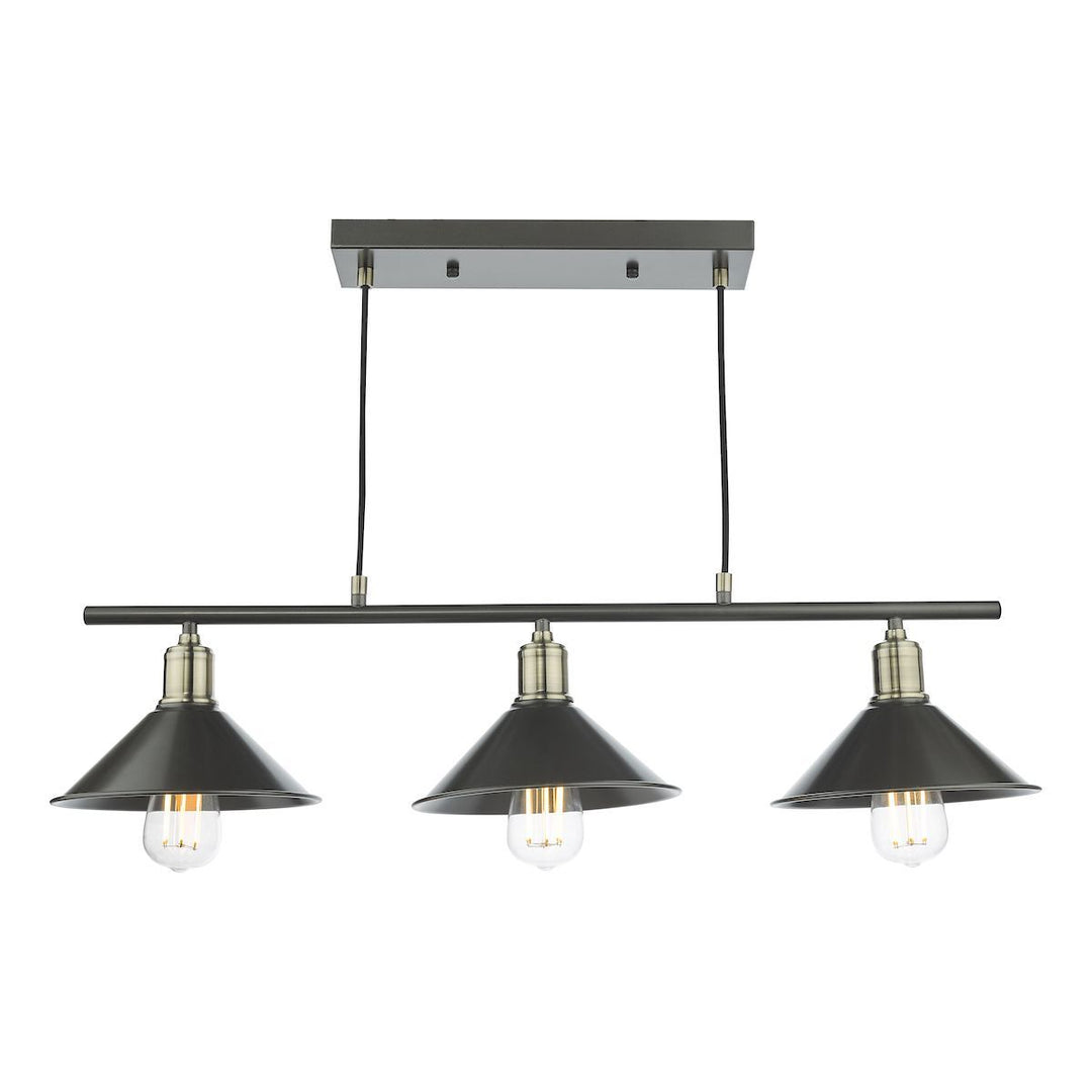 Dar JAL0361 | Jalen 3 Light Bar Pendant | Graphite and Antique Brass