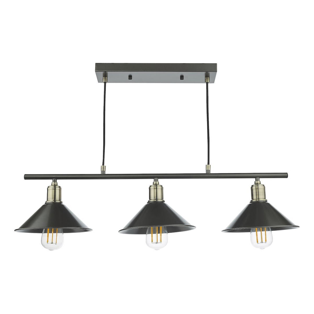 Dar JAL0361 | Jalen 3 Light Bar Pendant | Graphite and Antique Brass