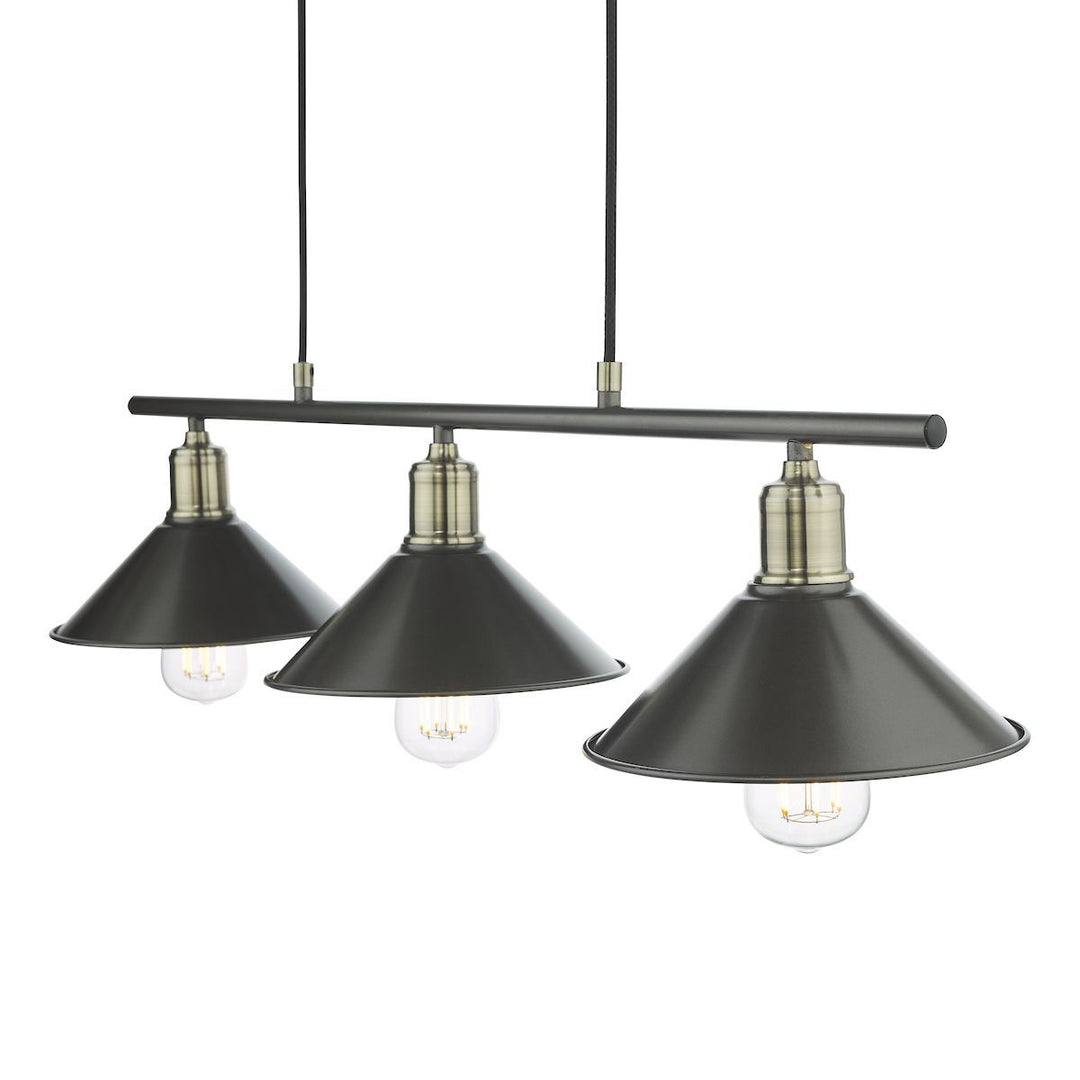 Dar JAL0361 | Jalen 3 Light Bar Pendant | Graphite and Antique Brass