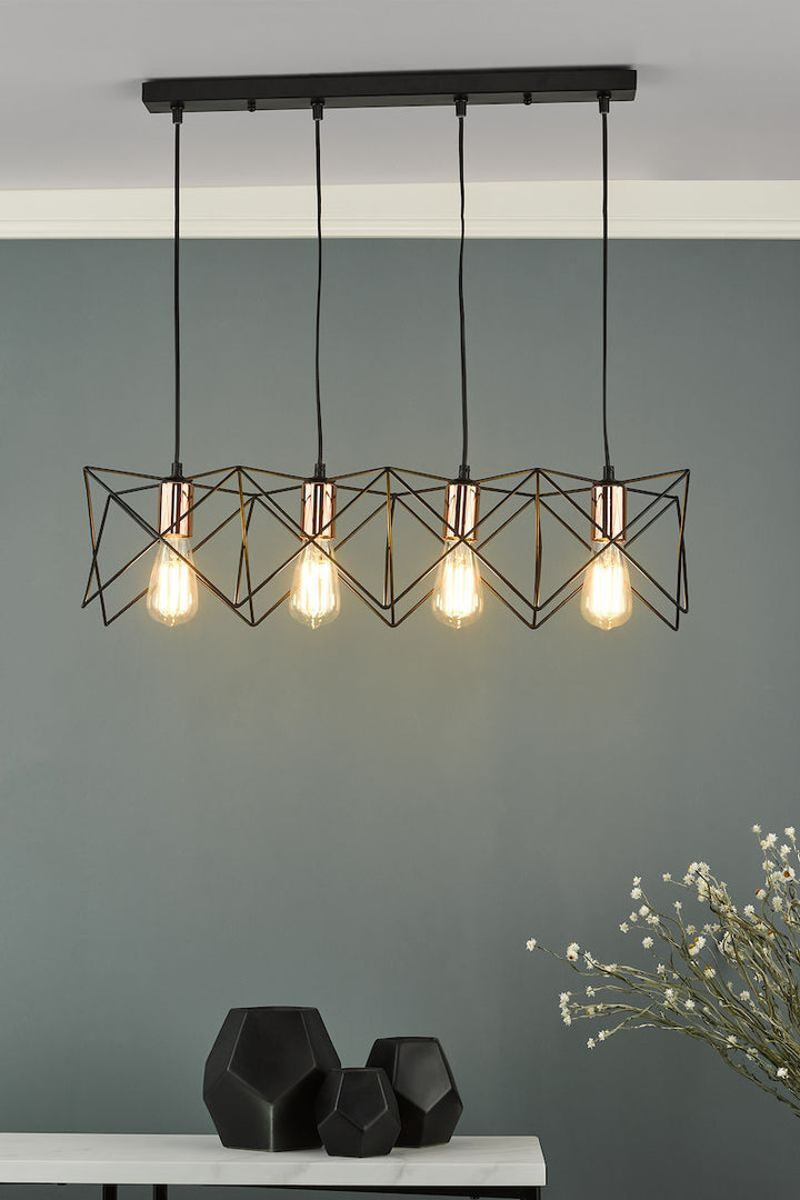 Dar MID0422 | Midi 4-Light Bar Pendant | Black with Bright Copper Detail