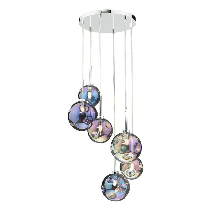 Dar MIR0655 | Mira 6 Light Cluster Pendant | Polished Chrome with Iridised Glass