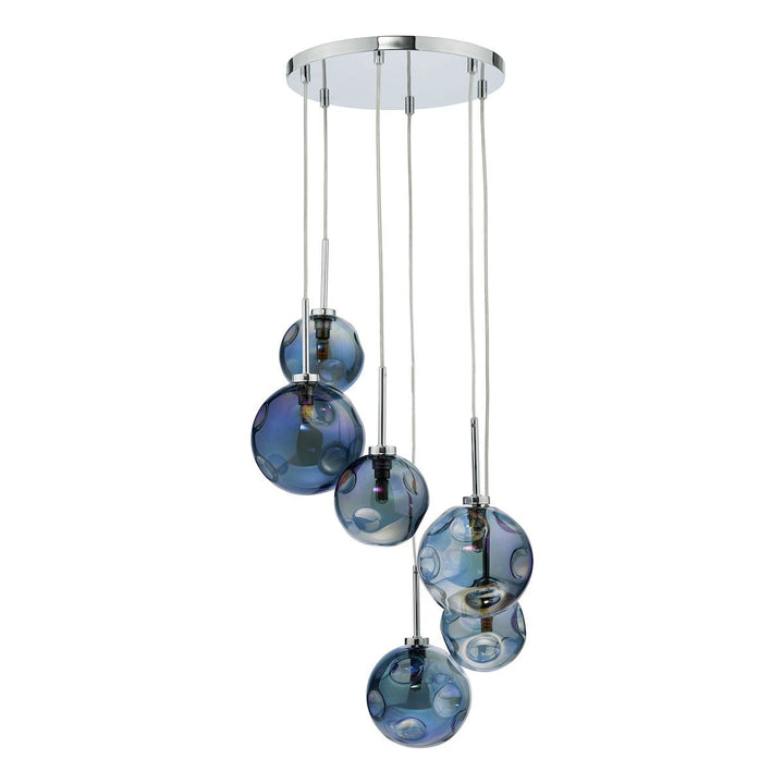 Dar MIR0655 | Mira 6 Light Cluster Pendant | Polished Chrome with Iridised Glass