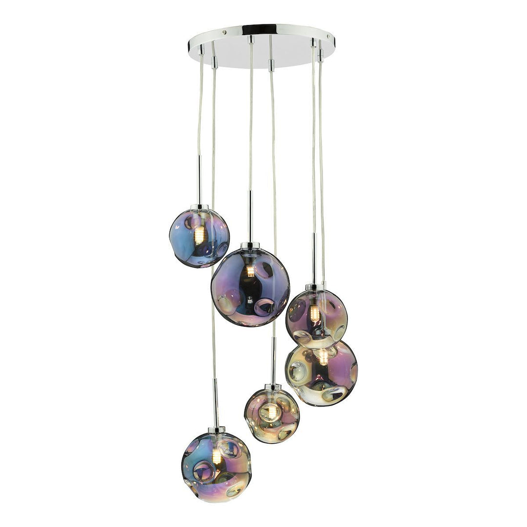 Dar MIR0655 | Mira 6 Light Cluster Pendant | Polished Chrome with Iridised Glass