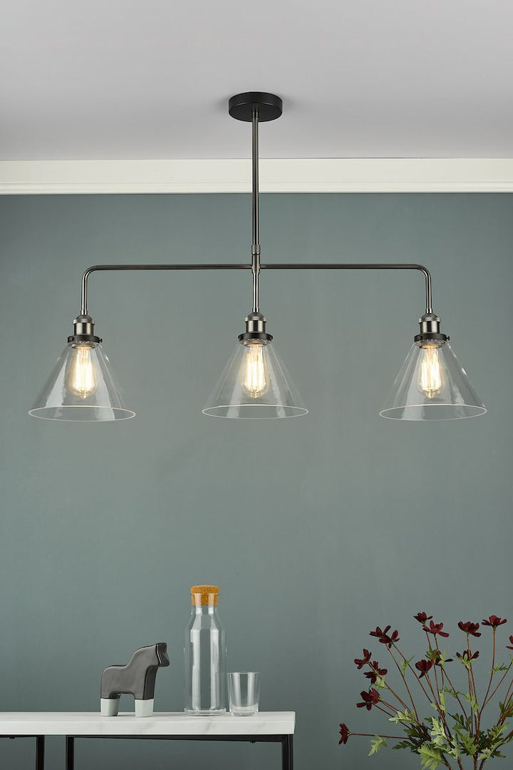 Dar RAY0338 | Ray Bar Pendant | 3 Light Antique Nickel with Clear Glass