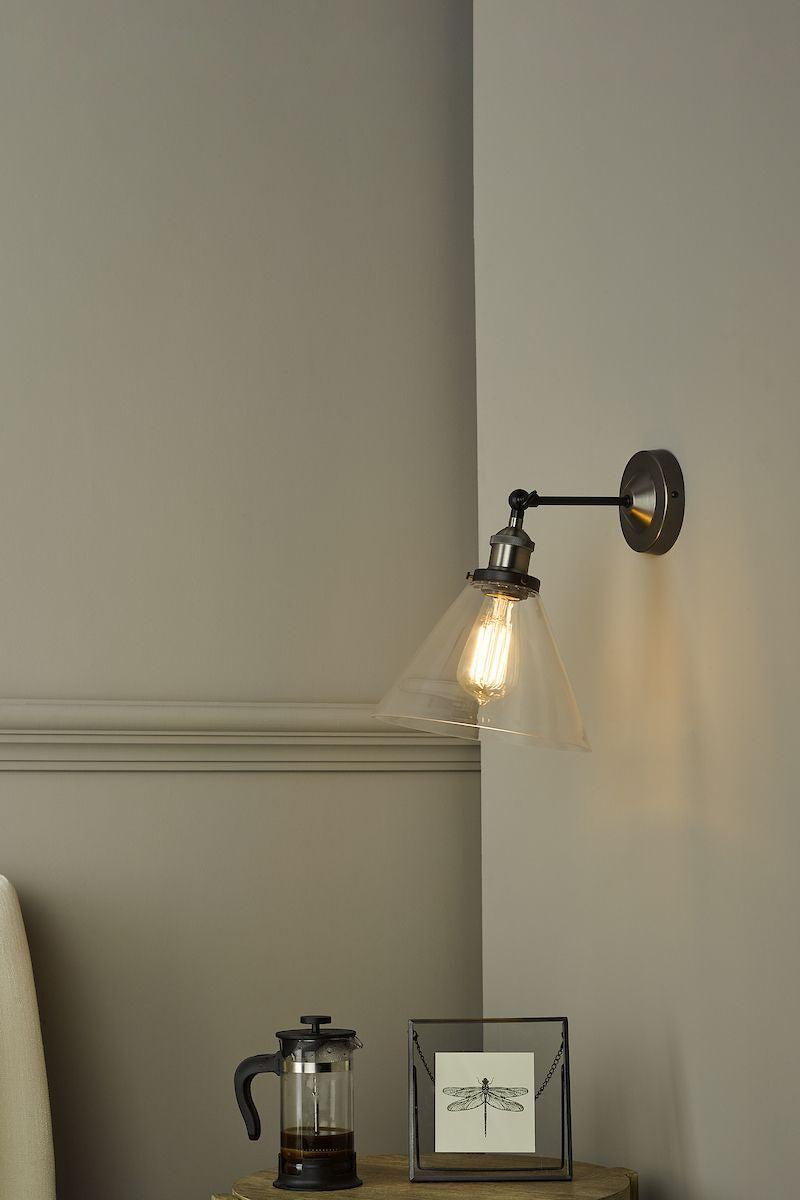 Dar RAY0738 | Ray Wall Light | Antique Nickel with Clear Glass Shade