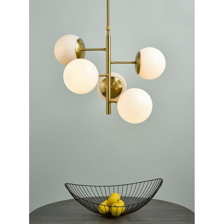 Dar BOM0535 | Bombazine | 5 Light Pendant | Natural Brass | Opal Glass