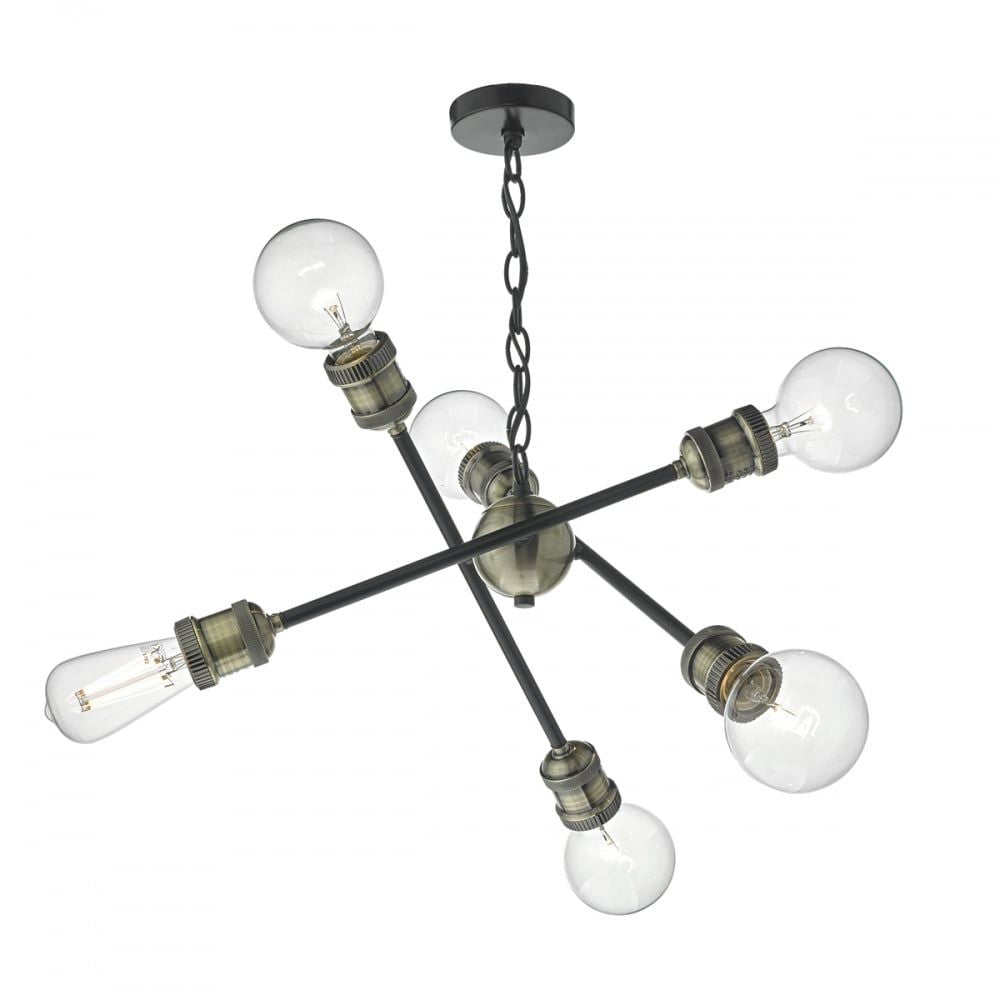 Dar BRI0654 | Brigade 6 Light Pendant | Black and Antique Brass Finish