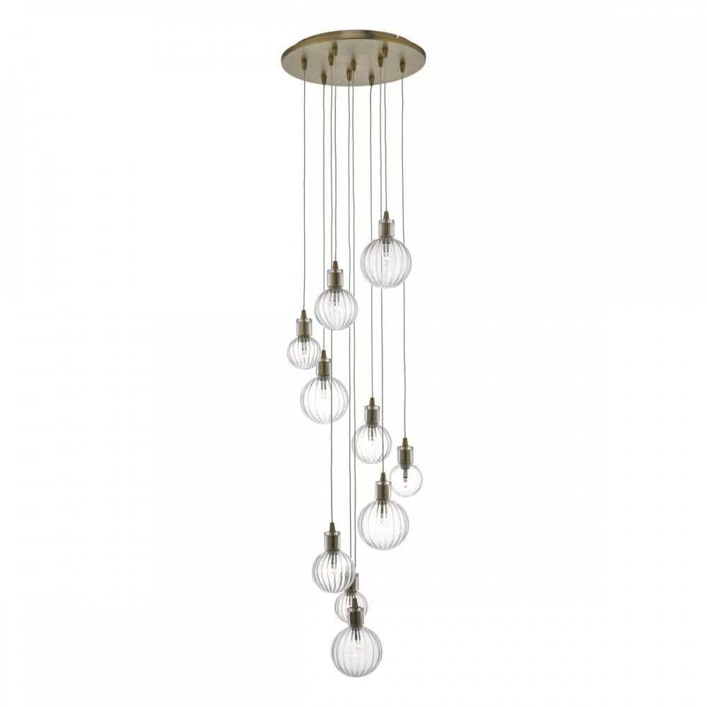 Dar DIT2342 | Dita | 10 Light | Cluster Pendant | Brass & Ribbed Glass