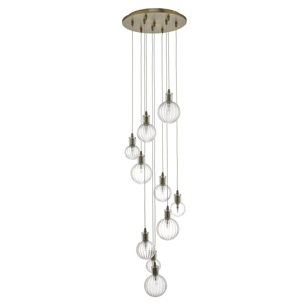 Dar DIT2342 | Dita | 10 Light | Cluster Pendant | Brass & Ribbed Glass