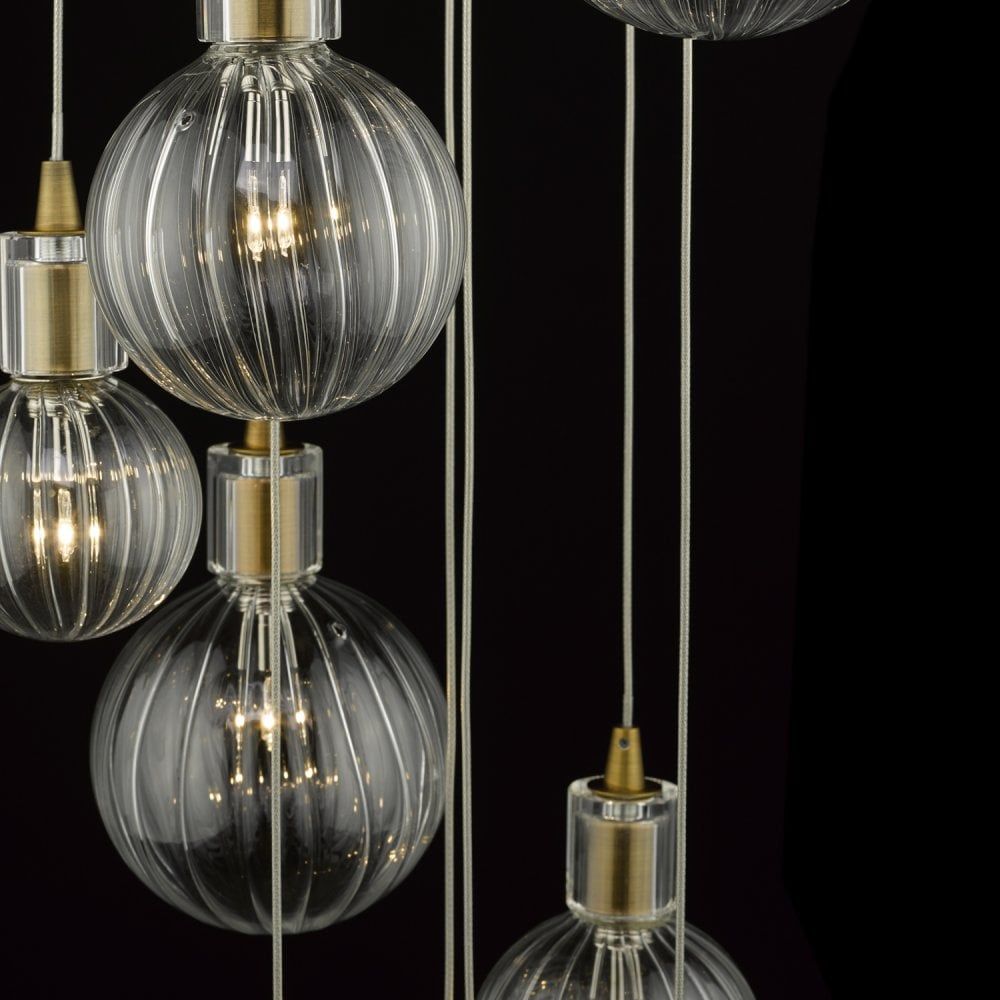 Dar DIT2342 | Dita | 10 Light | Cluster Pendant | Brass & Ribbed Glass