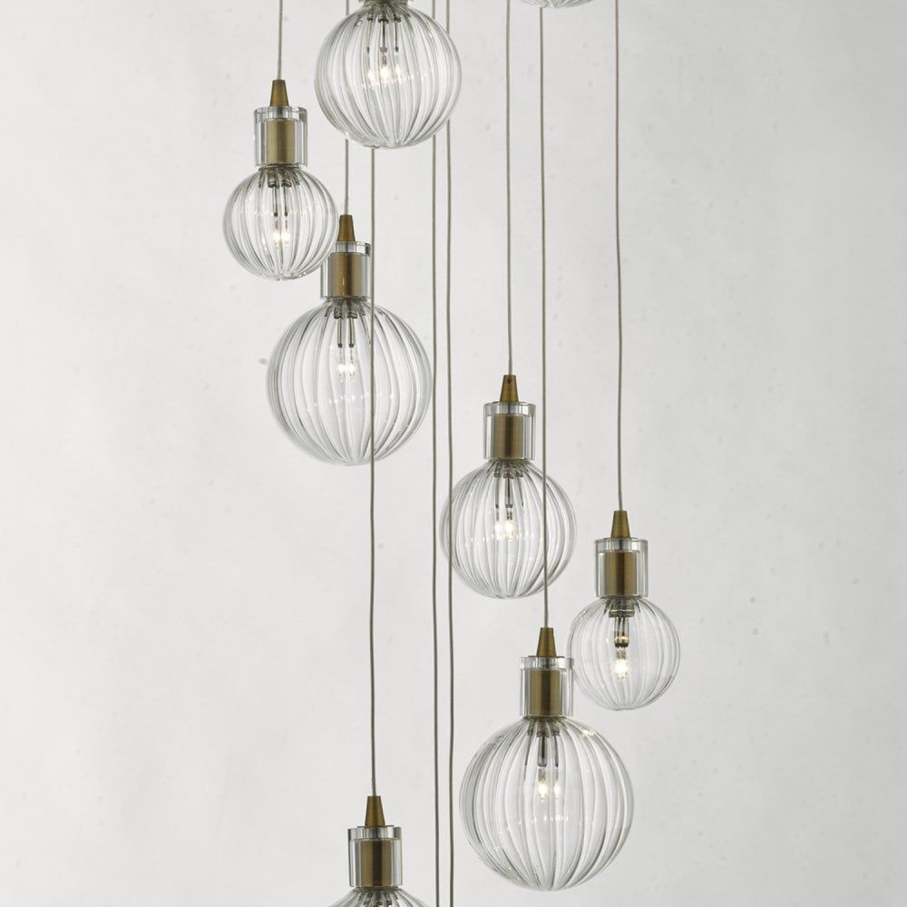 Dar DIT2342 | Dita | 10 Light | Cluster Pendant | Brass & Ribbed Glass