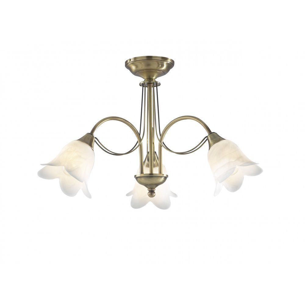 Dar DOU0375 | Doublet | 3 Light Semi-Flush | Antique Brass | White Alabaster Glass