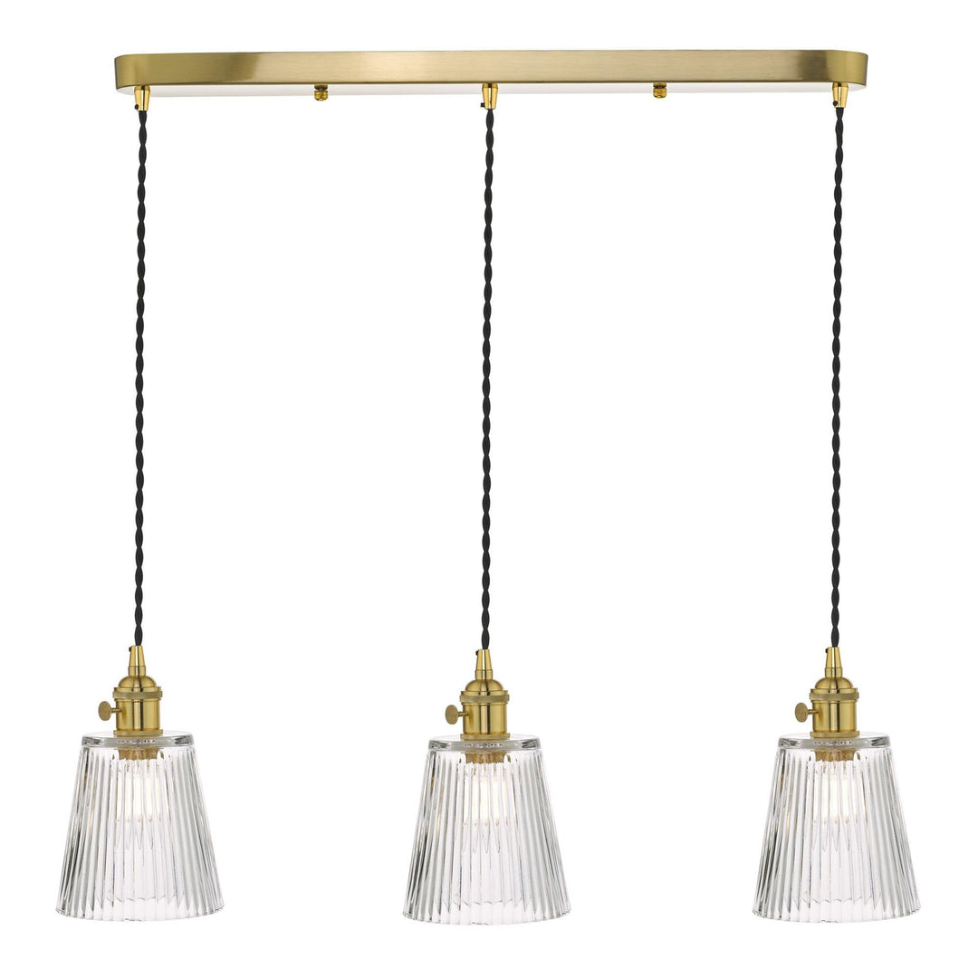 Dar HAD3640-05 | Hadano 3 Light Suspension | Natural Brass with Ribbed Glass Shades