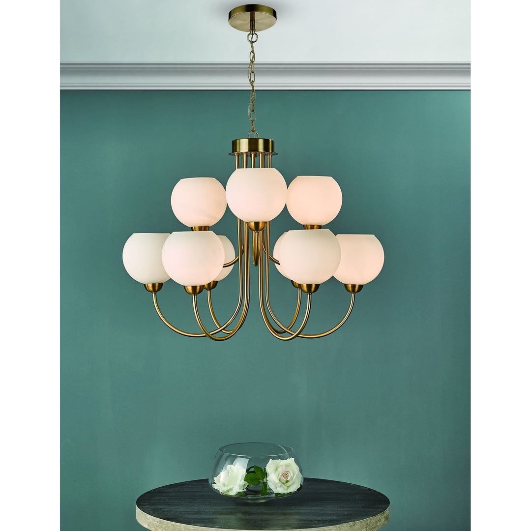 Dar IND1335 | Indra Pendant | 9 Light | Natural Brass and Opal Glass