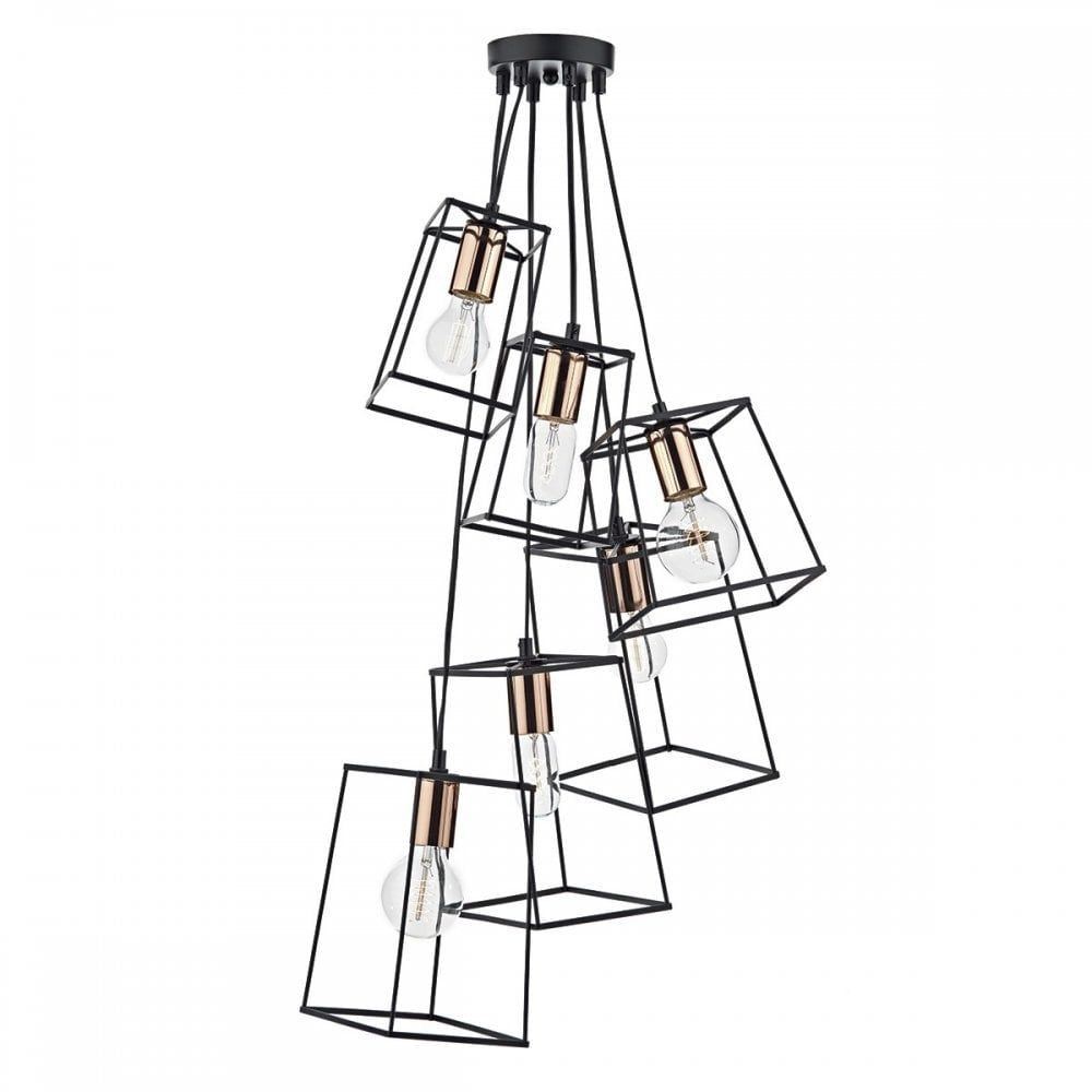 Dar TOW0622 | Tower Cluster Pendant | 6-Light Matt Black & Copper