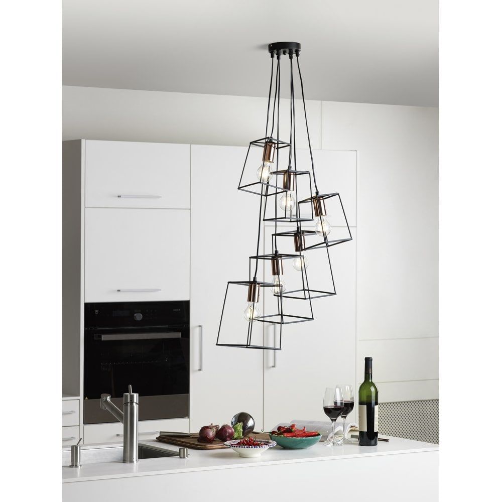 Dar TOW0622 | Tower Cluster Pendant | 6-Light Matt Black & Copper