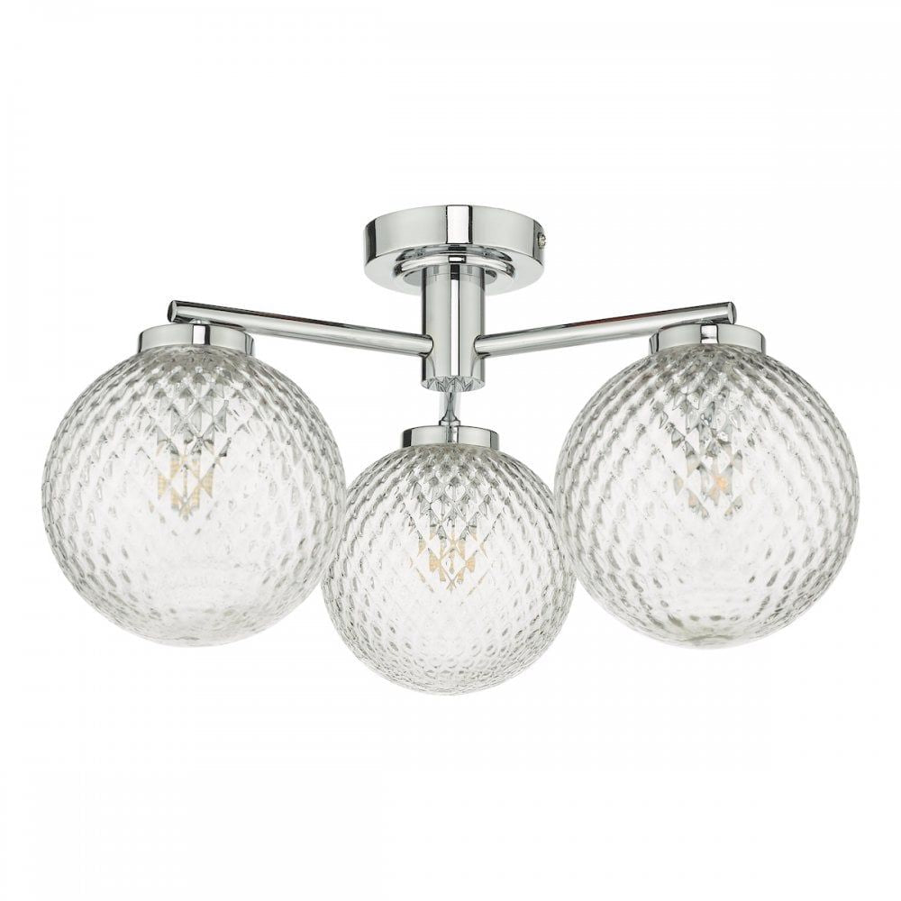 Dar WAY5350 | Wayne Bathroom 3 Light | Semi Flush Polished Chrome & Textured Glass