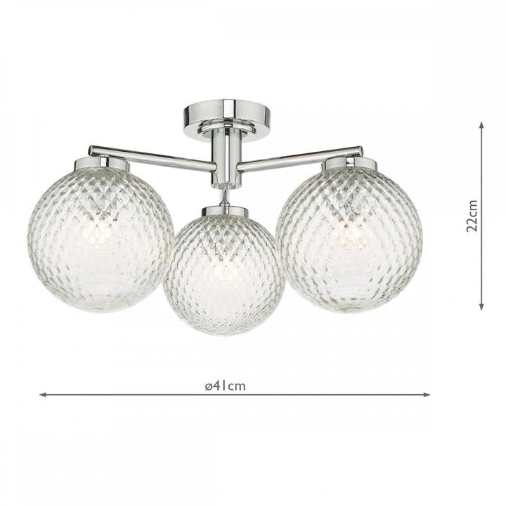 Dar WAY5350 | Wayne Bathroom 3 Light | Semi Flush Polished Chrome & Textured Glass