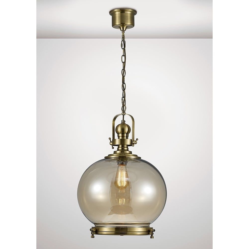 Diyas IL31598 Riley | Large Ball Pendant | Antique Brass & Cognac Glass