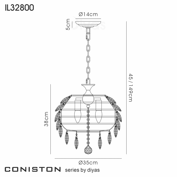 Diyas IL32800 Coniston Pendant 3 Light Polished Chrome Crystal