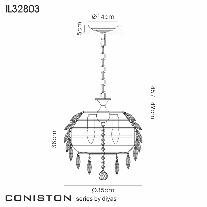 Diyas IL32803 Coniston Pendant 3 Light French Gold Crystal