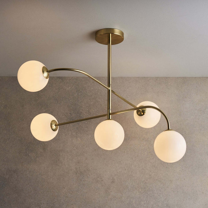 Endon 75939 Otto 5 Light Semi Flush Ceiling Light Brass Opal