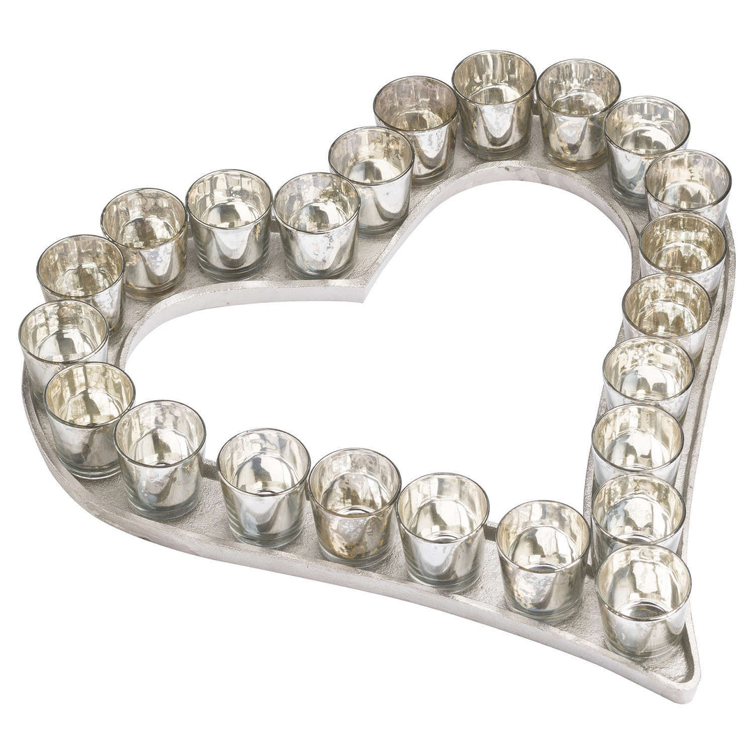 Hill Interiors 20066 Large Cast Aluminium Heart Tray With Silver Glass Votives