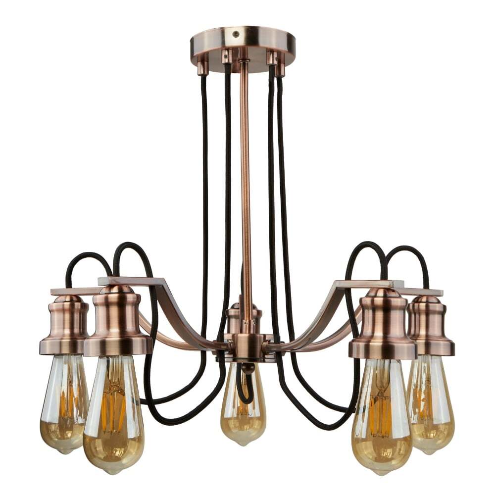 Searchlight 1065-5CU Olivia 5 Light Ceiling Black Braided Fabric Cable Antique Copper