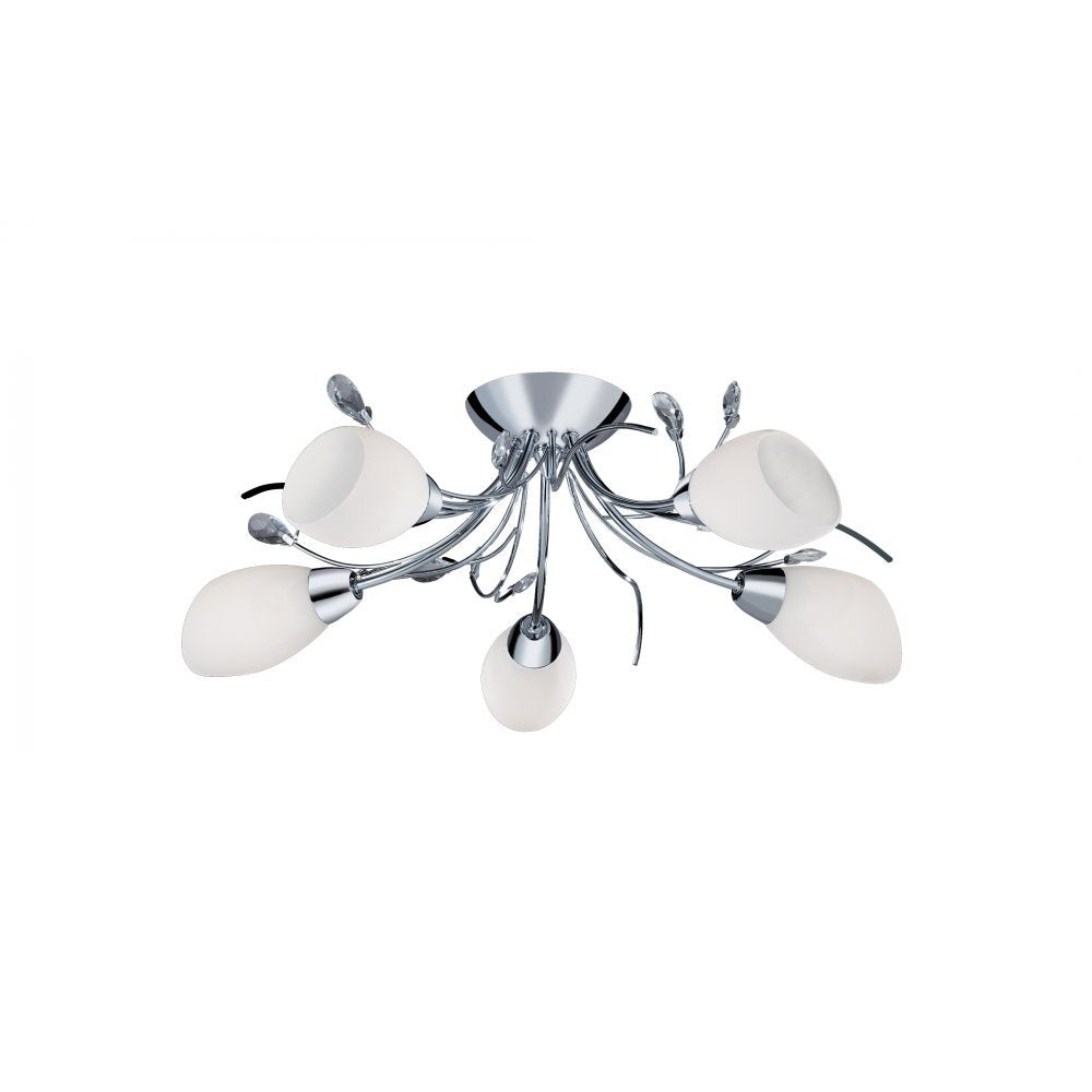 Searchlight 1765-5CC Gardenia 5 Light Chrome Semi-flush Fitting White Gls Crystal Leaf
